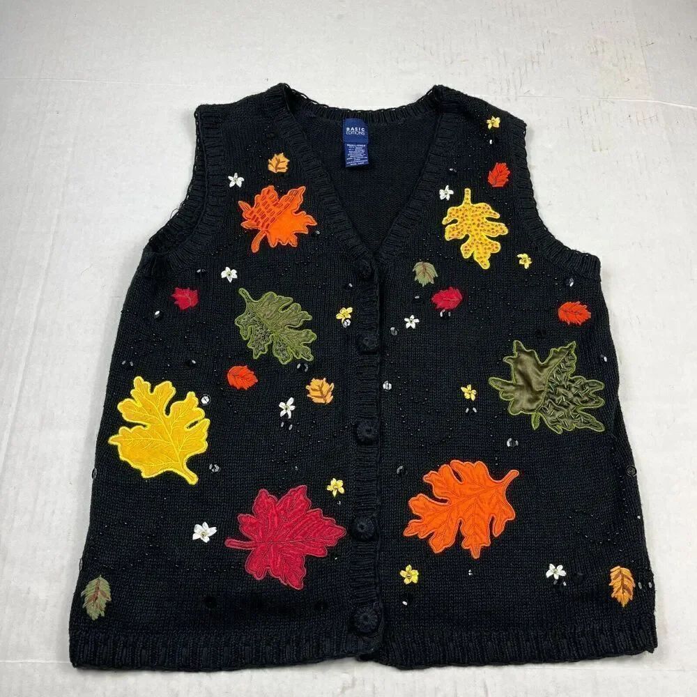 Basic Editions Embroidered Sweater Vest Fall Leaf Grandmacore Cozy Knit SMALL